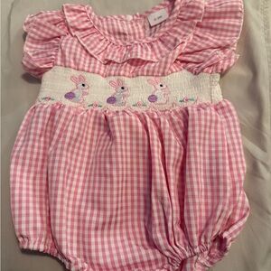 Pink Gingham Smocked Bunny Romper – 0–3 Months